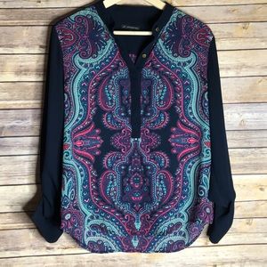 Adrianna Papell Blouse Navy Blue Paisley M